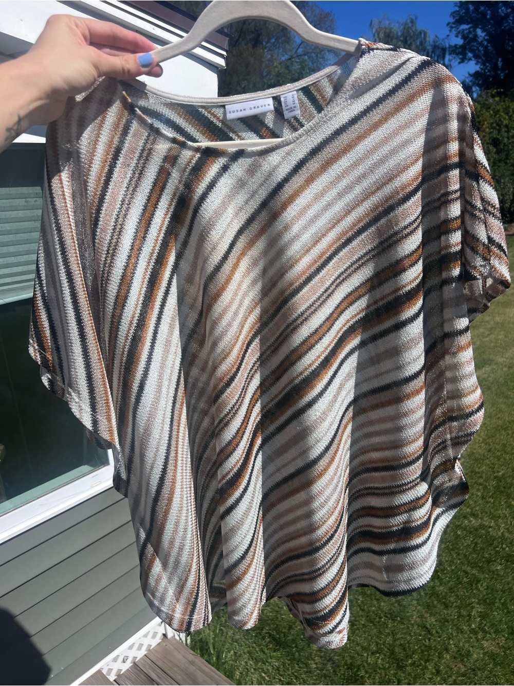 Susan Graver Earth Tone Striped Knit Dolman Poncho Cape Top S/M